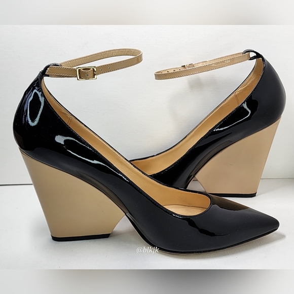 kate spade Prince Black/Powder Patent Leather Strap Wedge Heels EUC Size 9 1/2 - Picture 6 of 16